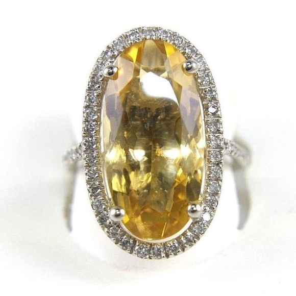 Oval Citrine Diamond Solitaire Ring 14k WG 9.26Ct